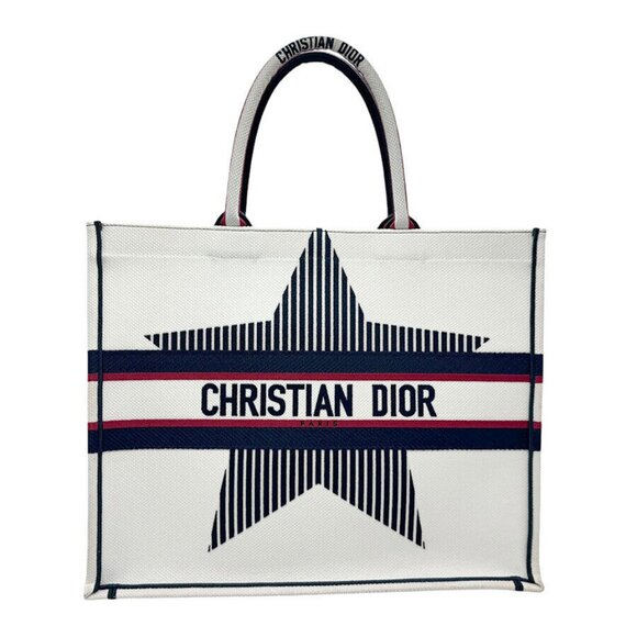 Auth Christian Dior Book Tote Handbag White/Navy/Red Nylon Canvas - z2930 - Picture 1 of 15